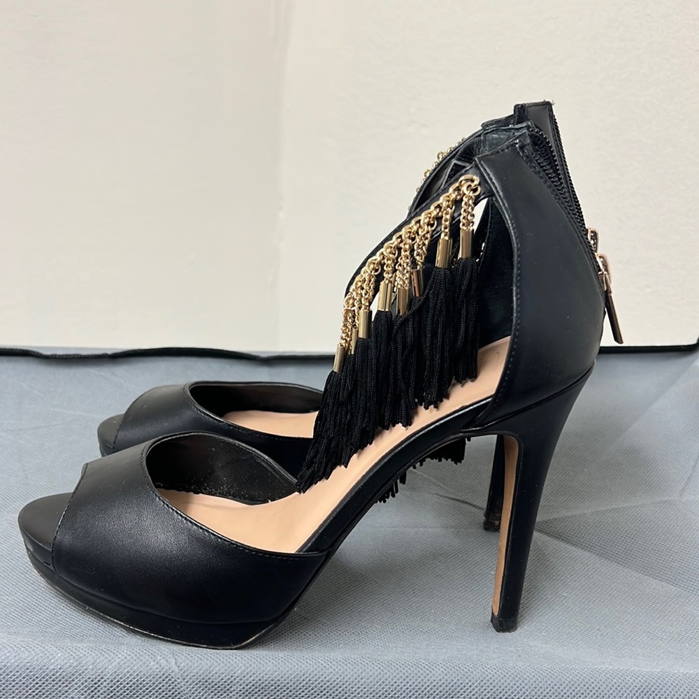 Women’s Black and Gold Fringe Heel